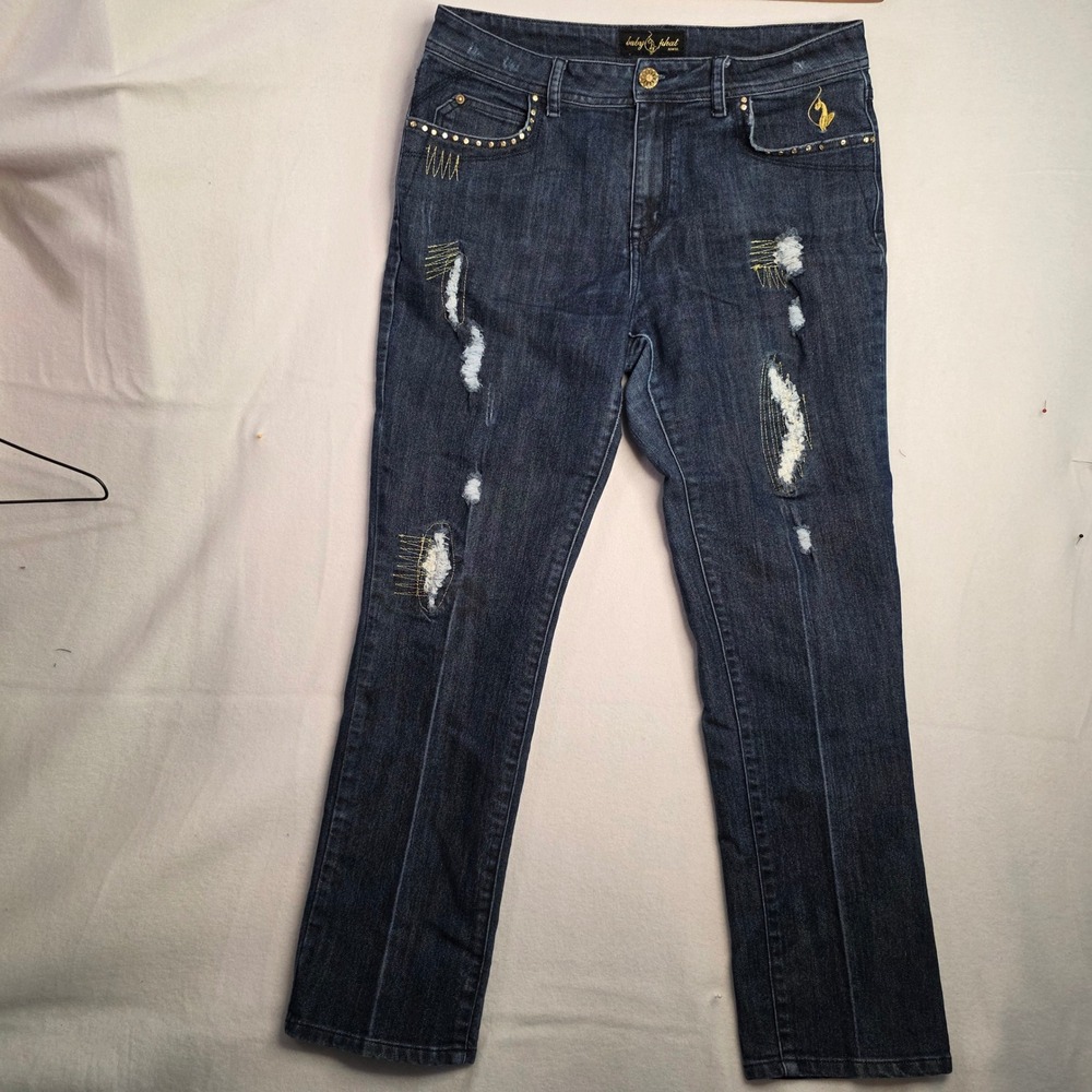 Baby Phat Jean Co Blue Distressed Studded Denim Jeans Size 16 Y2K Gold Logo‎ Cat